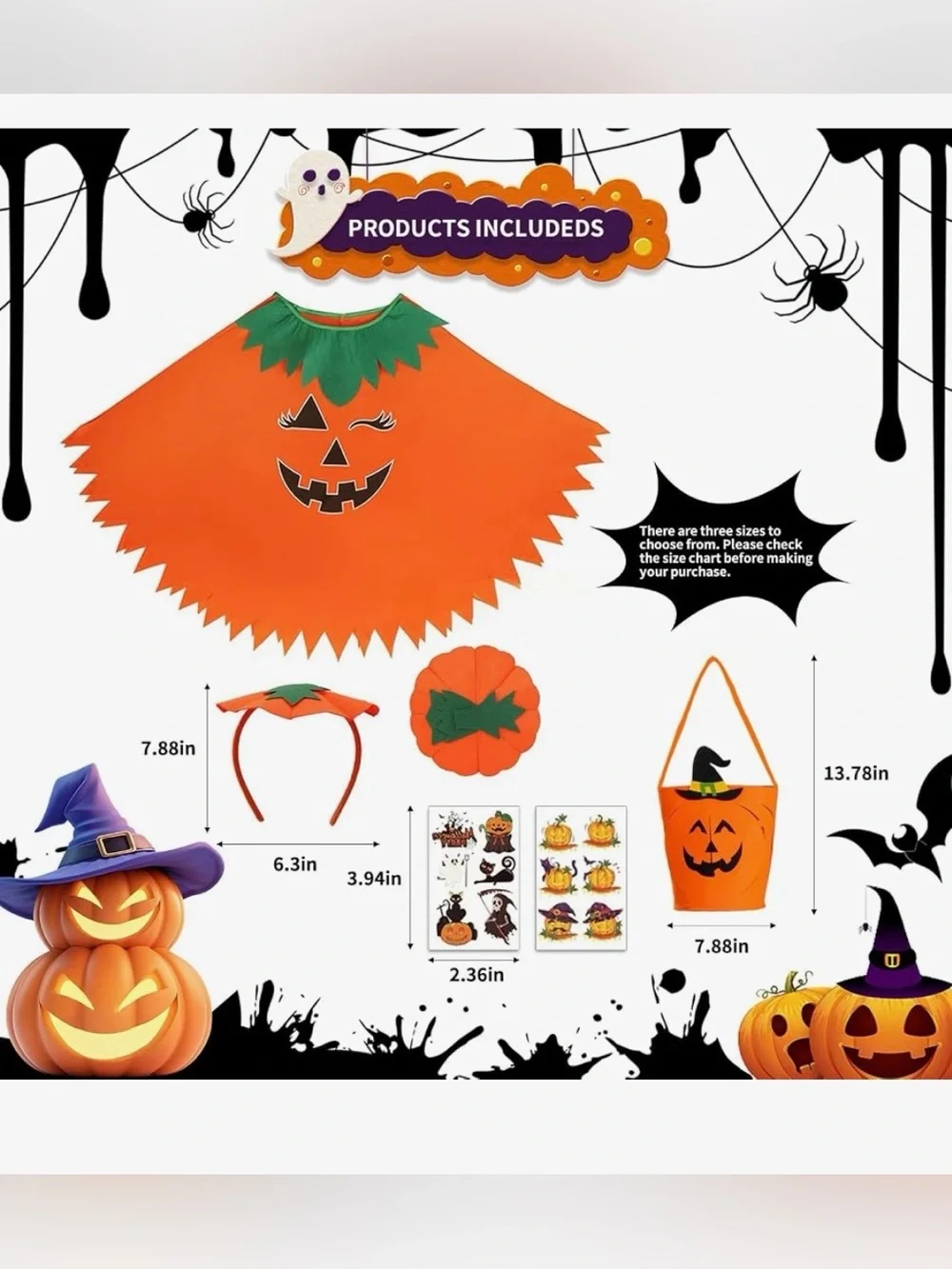 Kids Orange Pumpkin Poncho Costume with Headband and Treat Bag Size Small